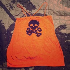 Hot Topic Neon Orange/Black Skull felt tank top